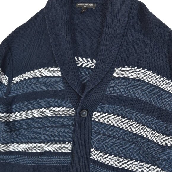 Banana Republic Men's Cardigan Heavier Knit Blue Striped Cowl Collar XL - Picture 2 of 6